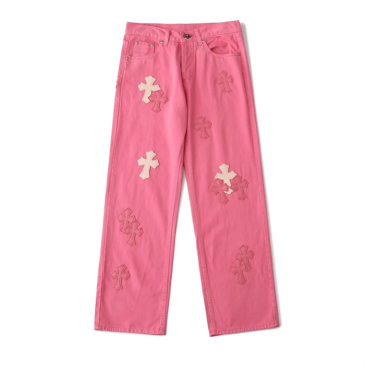 P270 💰 (Top version) CHROME HEARTS 25ss dopamine light pink cross leather washed jeans - Full of exploring the ultimate in fashion, Chrome Hearts' new Chrome Hearts pants not only present a unique style, the fresh ice blue looks particularly youthful and energetic. The mid-high waist design is paired with a lazy and casual style, which not only shows long legs but also maintains a casual feel. It is a must-have fashion choice for trendy men and trendy women. Color: Dopamine powder Size: 28-30-32-34 (corresponds to S-M-L-XL)